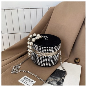Detail of luxury rhinestone cylinder evening bag with silver pearl handle on coat
