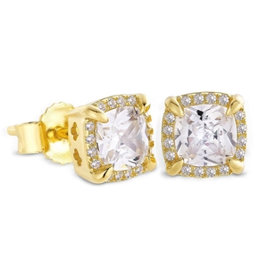 Macro shot of square-cut central stone with gold pavé cubic zirconia hip hop stud earrings