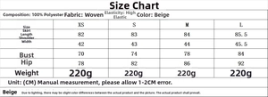 Detailed size chart for the beige sequin dress showing measurements for XS to L sizes