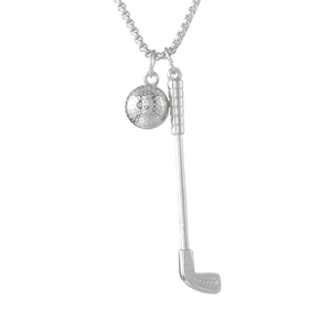 Minimalist silver necklace with golf club and ball pendants on a classic box chain