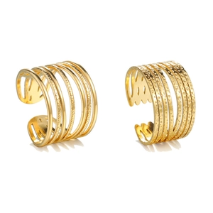 Minimalist C-shaped gold stainless steel wide band ring with smooth and hammered textures