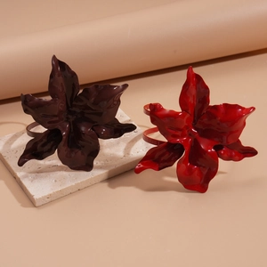 Dual-layer oversized flower open cuff bracelet in dark chocolate and bright red finish