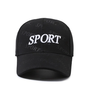 Black baseball cap with white SPORT embroidery and subtle embossed pattern texture