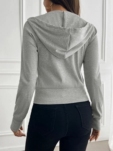 Slim fit gray hooded cardigan back view showing ribbed knit texture and long sleeves