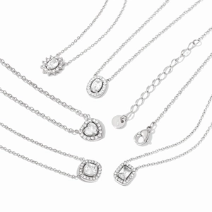 Polished silver stainless steel necklace set with various micro-paved crystal pendants