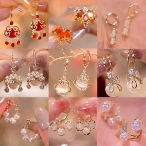New Chinese Style Drop Earrings With Red Zircon Ruyi Lock And Faux Artificial Pearl Alloy Vintage Elegant Festive For Women