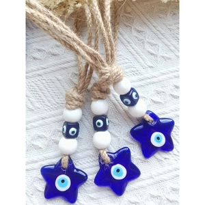 Handmade Evil Eye star hanging charms with jute rope and beads for home or car decor