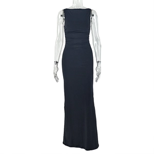 Detail of a black sleeveless bodycon maxi dress with backless cut and slimming waist
