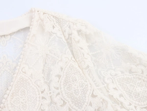 Dettaglio del ricamo in pizzo floreale sulla spalla di un top bianco con scollo a V