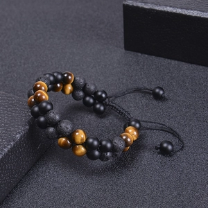 Double-layer 8mm matte tiger eye and volcanic stone beaded bracelet with adjustable cord