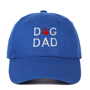 Navy cotton baseball cap featuring white Dog Dad embroidery with a red paw print logo