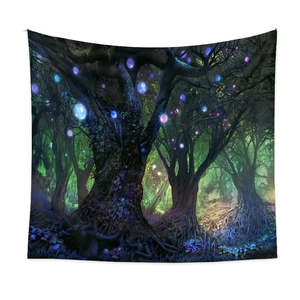 Artistic enchanted forest tapestry with glowing magical trees for wall decoration