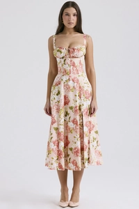 Detailed macro view of the corset-style bodice with elegant floral rose print and seams