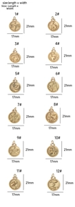 Size chart showing dimensions of 21x17mm for gold stainless steel zodiac pendants