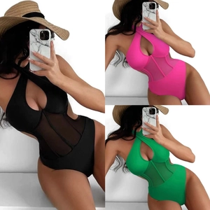 Women One-Piece Swimsuit Halter Neck Cutout Mesh Patchwork Monokini High Cut Nylon Spandex Beachwear Vacation