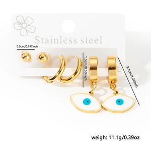 Detail view of gold stainless steel earring set with evil eye charm and size specs