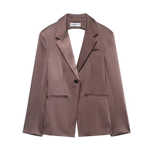 Brown satin long sleeve blazer with a silky texture and back slit for women
