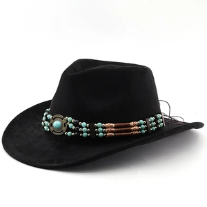 Chapeau de cowboy en daim noir avec perles turquoise et ruban décoratif bohème
