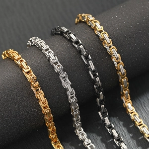 Byzantine Chain Bracelet Stainless Steel Hip Hop Link Jewelry For Men Lobster Buckle Square Link Trendy Accessory For Him