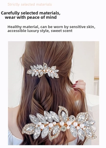 Close-up and lifestyle view of a gold bridal hair comb with pearls and rhinestones