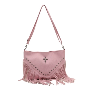 Pink bohemian tassel crossbody bag with lychee texture and skull cross metal accent