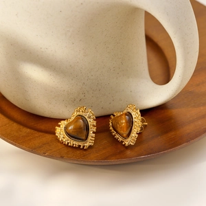 Vintage Heart Tiger Eye Stone Stud Earrings Stainless Steel 18K Gold Plated Radiant Texture Retro Jewelry For Women