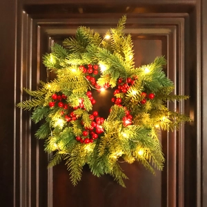 Christmas Wreath Artificial PE Pine Needles Red Berries Optional LED Light Front Door Wall Holiday Home Decor Festive Winter Style