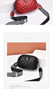 Detail of quilted crossbody bags with wide straps in red and black PU leather