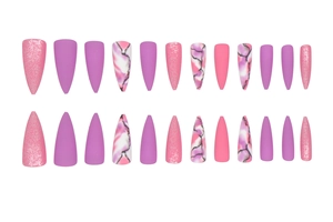 Macro view of long stiletto press-on nails set with purple marble and glitter patterns