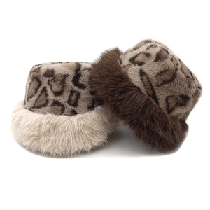 Winter leopard print faux mink fur bucket hats with thick plush trim for women's warmth