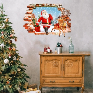 3D Christmas wall sticker featuring Santa and reindeer emerging through a broken wall