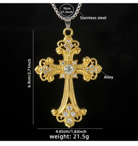 Detail of gold cross pendant with crystal inlays and 70cm stainless steel chain