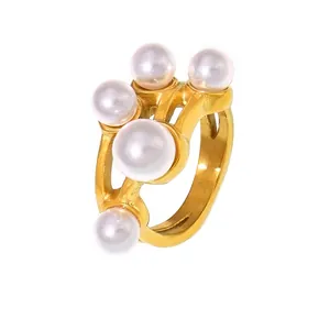 Ring Met Imitatieparels Opengewerkt Ontwerp Roestvrij Staal Hoogwaardig Verguld Elegante Mode Sieraden Voor Dames
