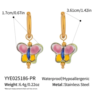 Detail view of colorful enamel butterfly earrings with dimensions and stainless steel material