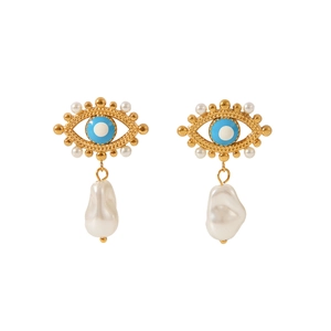 18k gold plated evil eye earrings with blue enamel and baroque pearl pendants