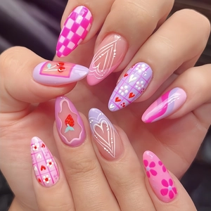 Valentine almond fake nails set with pink heart cherry and plaid patterns for women