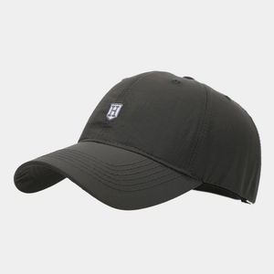 Close-up of charcoal grey quick-dry baseball cap with embroidered H shield logo