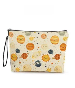 Detailed pattern display of cartoon solar planet makeup bag with black zipper and strap