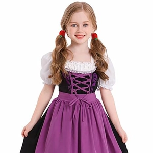 Detail of Bavarian style purple and black dress with white puff sleeves and lacing