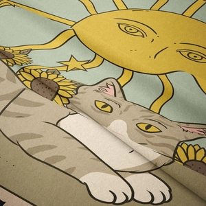 Detailed close-up showing soft textured fabric of a bohemian cat and sunflower tapestry