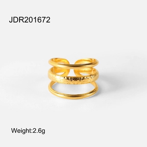 Three-layer 18K gold plated stainless steel open ring with hammered texture finish