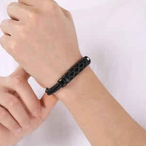 Men's double-layered braided black leather bracelet with hollow mesh pattern magnetic clasp