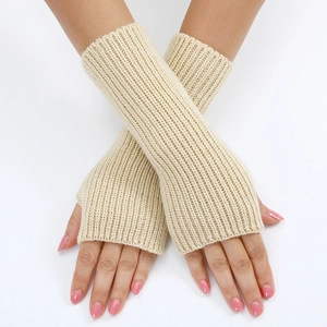 Beige ribbed knit fingerless arm warmers with a striped pattern for women