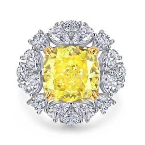 Macro shot of S925 silver ring featuring a large yellow square diamond and pear side stones