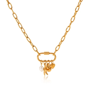 Collar de acero inoxidable chapado en oro 18K con dijes de estrella de mar y perla