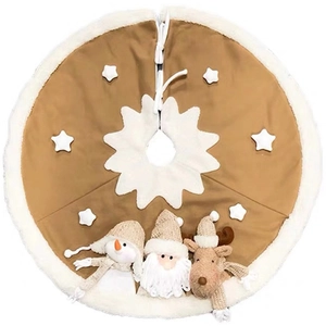 Knitted Christmas tree skirt featuring 3D plush Santa, reindeer, and snowman dolls