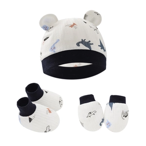 Dettaglio set neonato con motivo dinosauro, cappello, calzini e manopole con bordi