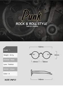 Detaillierte Größentabelle für Retro-Punk-Metallsonnenbrillen mit Rahmenabmessungen