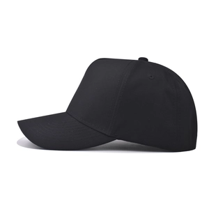 Classic black cotton baseball cap in six-panel style with curved brim and top eyelets