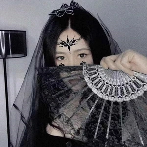 Gothic style black lace veil and matching folding fan with rhinestones for masquerade